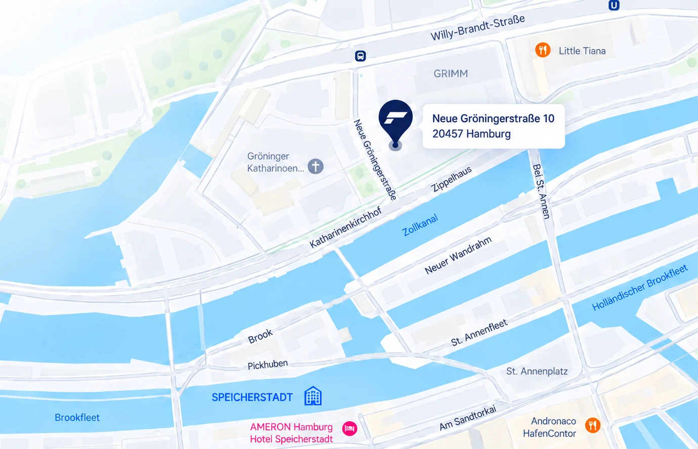 Map of Hamburg's Speicherstadt with the office location at Neue Gröningerstraße 10